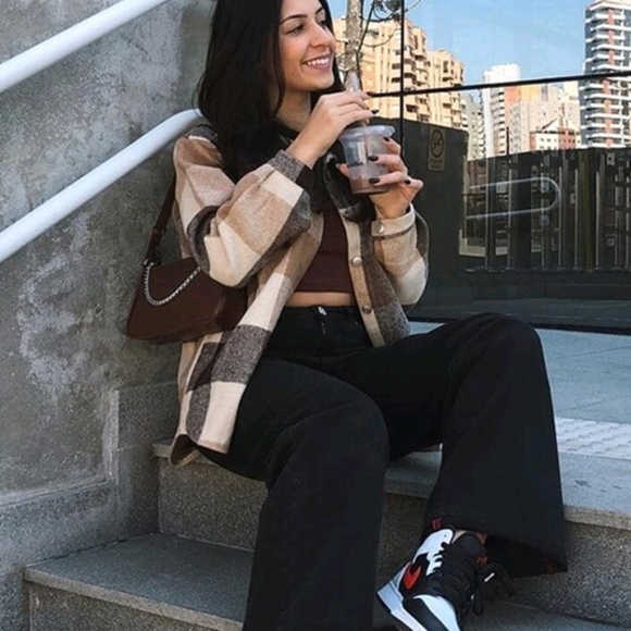 NEW Cozy Rustic Flannel Plaid Shacket Top Jacket Coffee Brown Tan - Picture 3 of 5